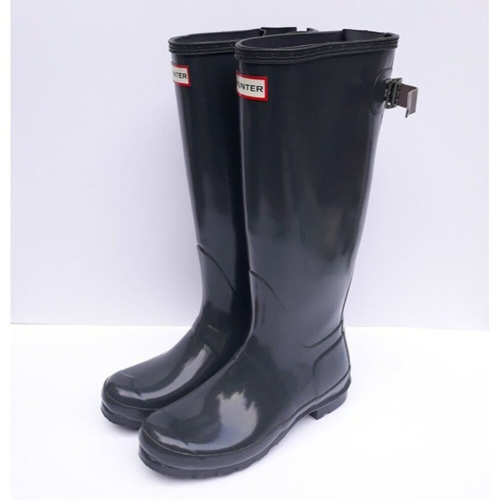 Hunter Original Tall Back Adjustable Gloss Rain Boots in Gray Women's Sz 7